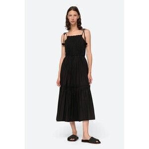 Sea New York Willa Smocked Midi Dress Tie Tiered Ruffle Black Cotton S 255921